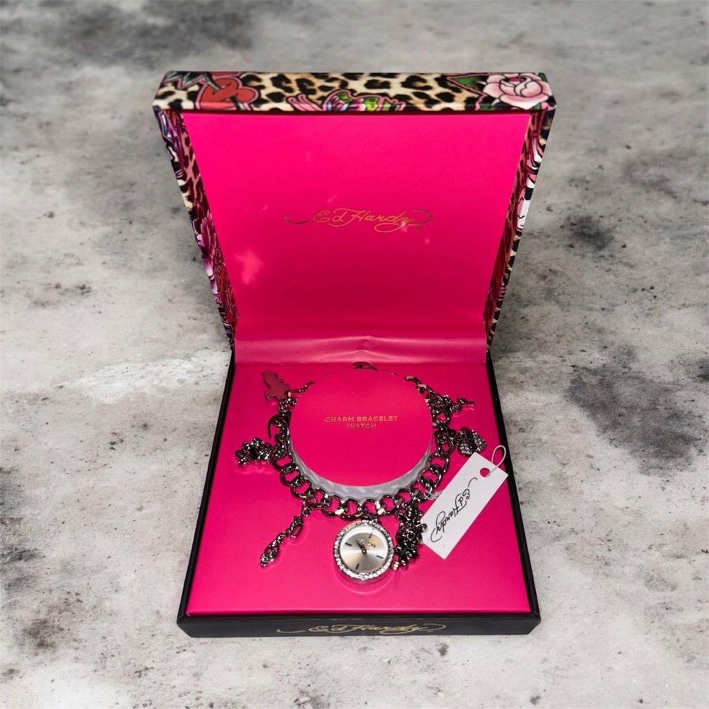 Ed Hardy Pink and Silver Charm Bracelet Watch